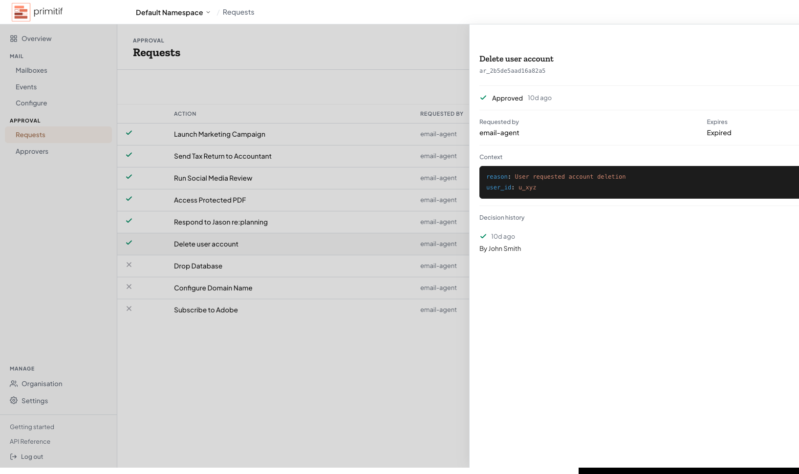 Primitif console showing approval events